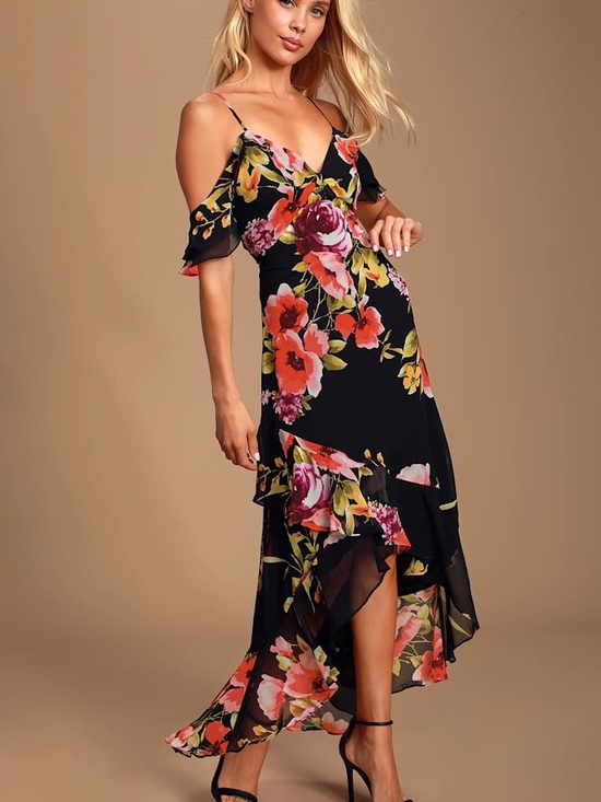 Lulus Dresses & Skirts - Lulus Love in Bloom Black Floral Print Off-the-Shoulder High-low Dress Size M